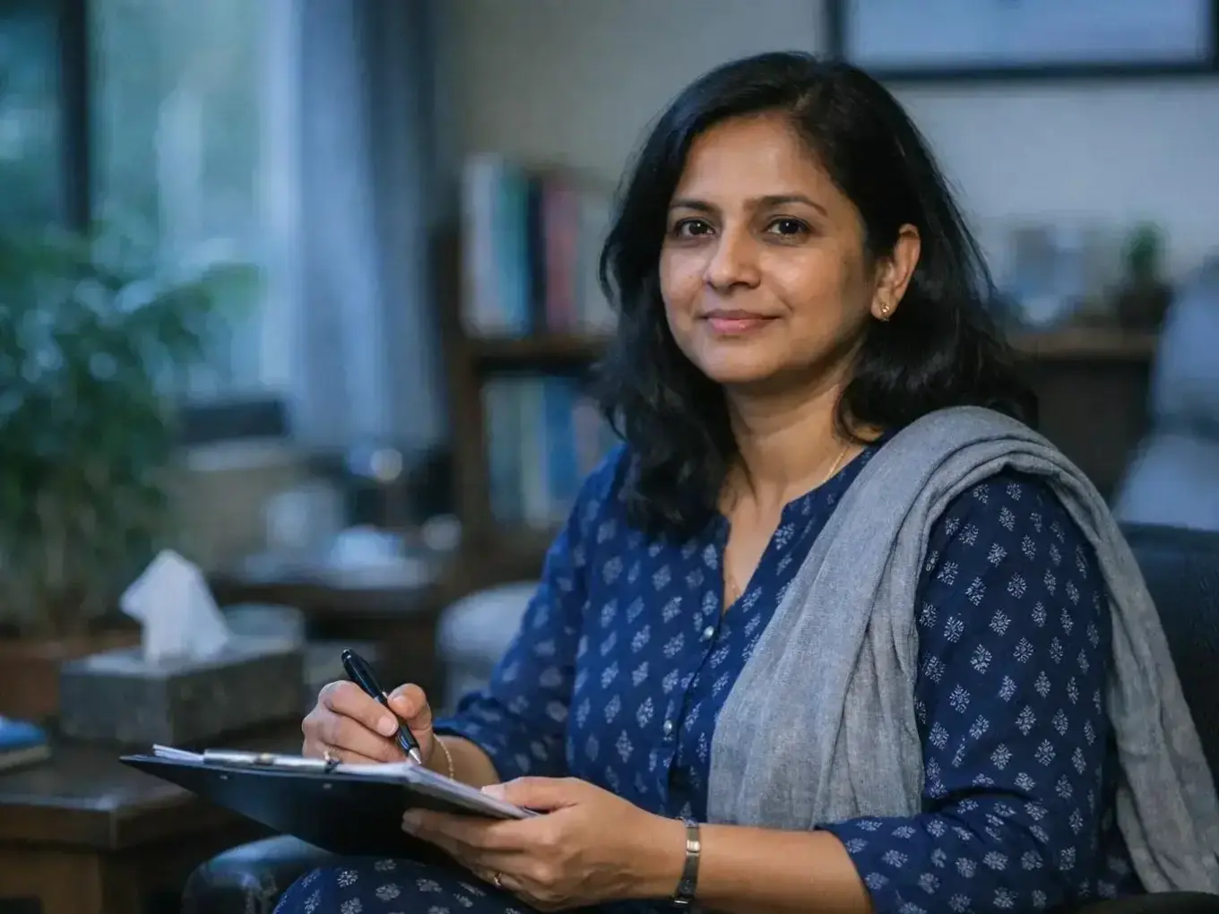 Therapist teaching stress-relief techniques to client during mindfulness counselling